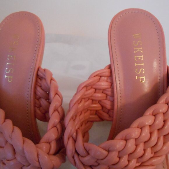 Women's Pink Woven Square Open Toe Slip On Sandal 3.5" Kitten Heel-US-9, EU-40 - Picture 7 of 7
